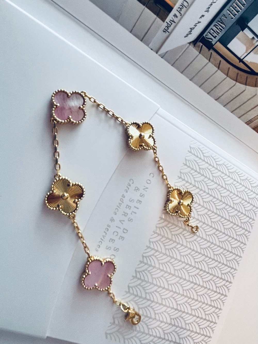Gold Clover Link Bracelet with Pink Accents